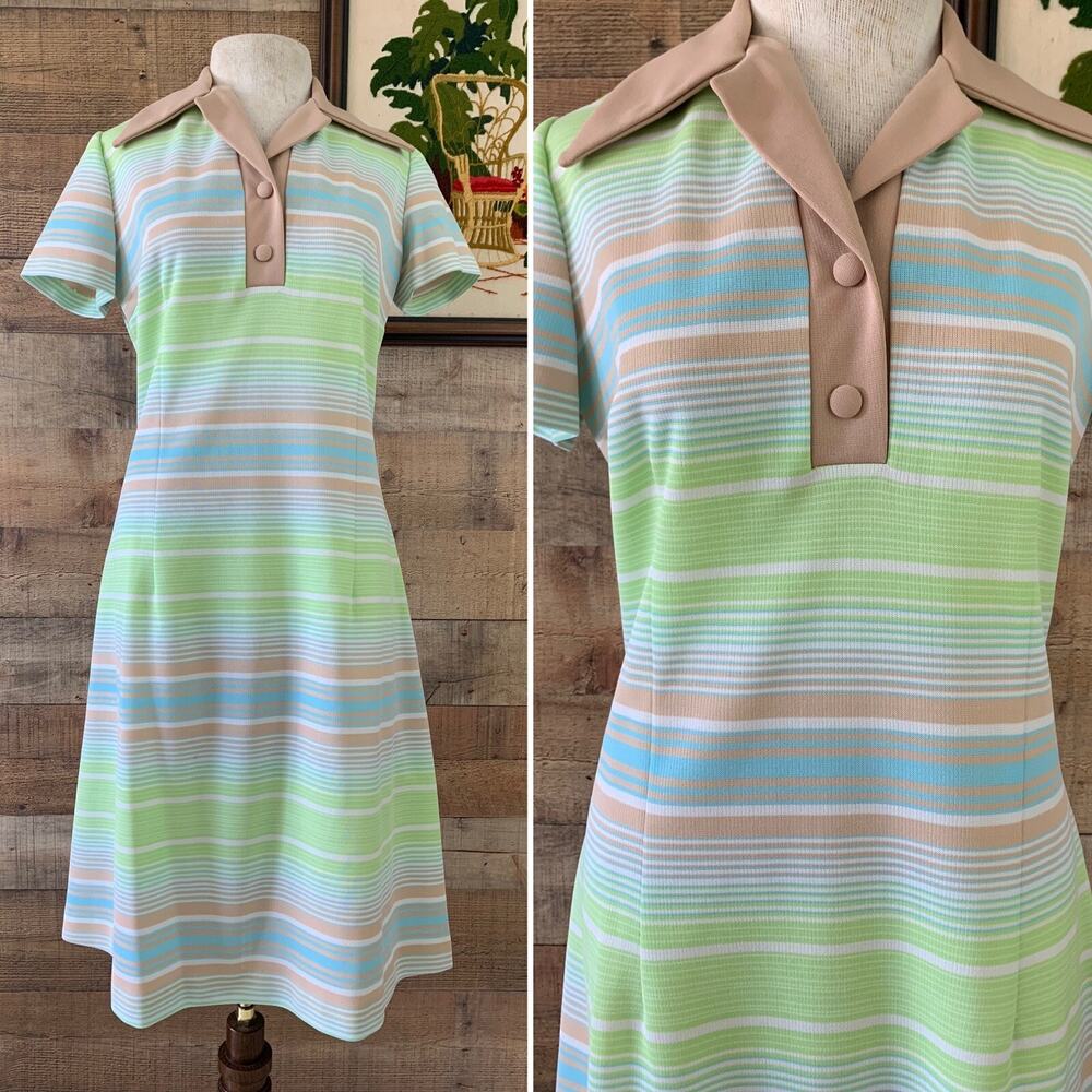Vintage 1970’s Mod Boho Pastel Striped Fit Flare Dress Size M/L Pointy Collar